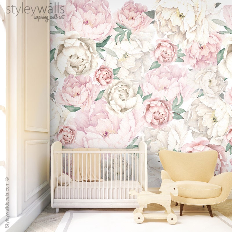 Papier peint pivoine, papier peint pivoines, papier peint de chambre d'enfant à fleurs aquarelles blanches et roses, tissu repositionnable à fleurs, papier peint à peler et à coller