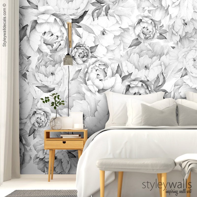Pfingstrosen-Tapete, Pfingstrosen-Wandbild, Pfingstrosen-Blumentapete, Schwarz-Weiß-Aquarell-Blumen-Tapete, repositionierbarer Stoff
