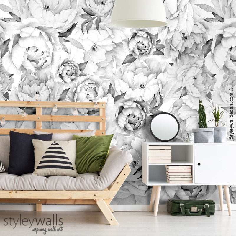 Pfingstrosen-Tapete, Pfingstrosen-Wandbild, Pfingstrosen-Blumentapete, Schwarz-Weiß-Aquarell-Blumen-Tapete, repositionierbarer Stoff