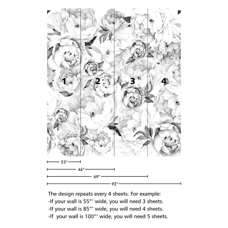 Pfingstrosen-Tapete, Pfingstrosen-Wandbild, Pfingstrosen-Blumentapete, Schwarz-Weiß-Aquarell-Blumen-Tapete, repositionierbarer Stoff