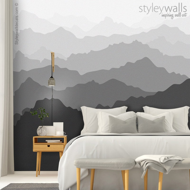 Mountains Wallpaper, Mountain View Mural Wallpaper, Black and White Repositionable Fabric Wallpaper, Peel and Stick Wallpaper Home Decor