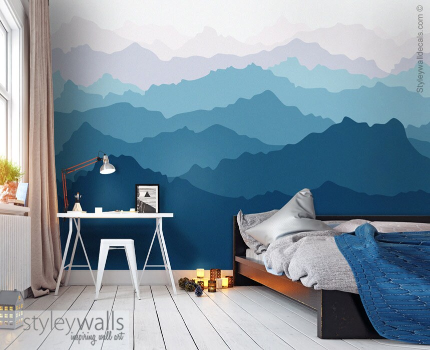 Mountain Wallpaper, Mountains View Mural Wallpaper, Ombre Mountain Repositionable Fabric Wallpaper, Peel and Stick Wallpaper Home Decor