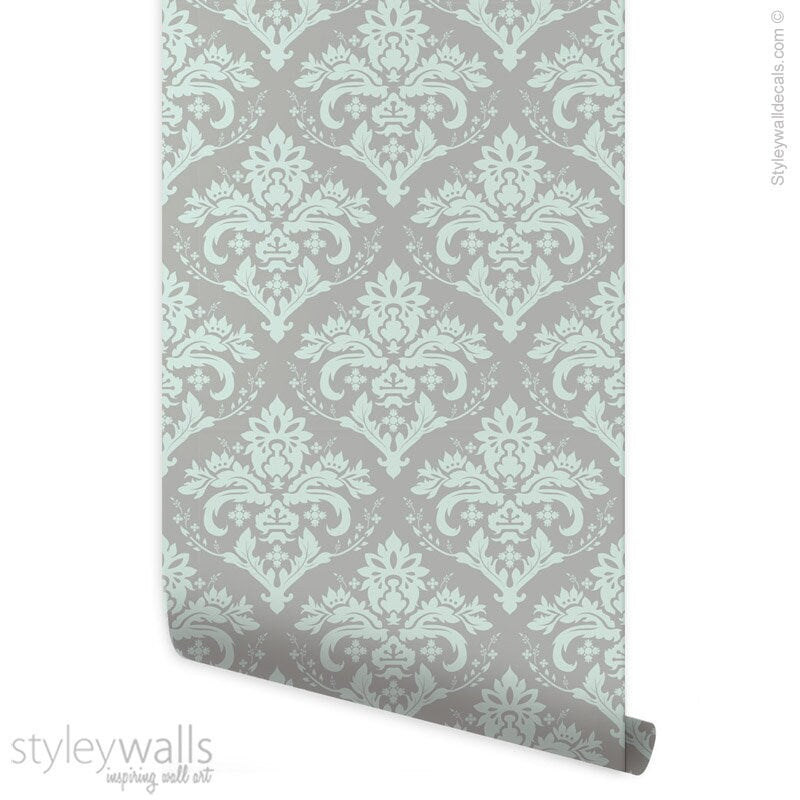 Damask Wallpaper, Pattern Wallpaper, Gray Mint Classic Damask Wallpaper, Repositionable Removable Fabric, Peel and Stick, Self Adhesive