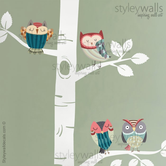 Owls Wall Decal, Birch Trees Wall Decal, Birch Trees and Owls Wall Decal, Owls Wall Sticker, Nursery Forest Trees Wall Decal, Owls Nursery
