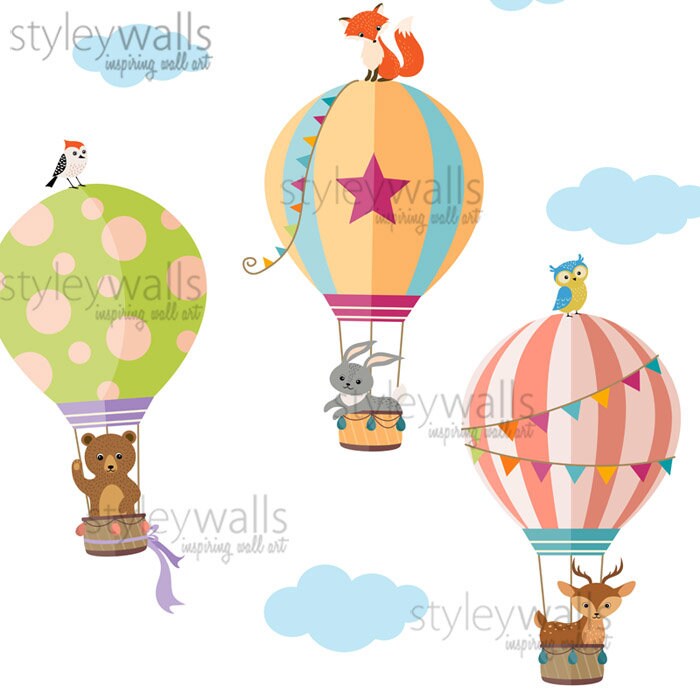 Air Balloons Wall Decal, Woodland Animals Wall Decal, Forest Animals Hot Air Balloons Wall Sticker, Baby Nursery Decor, Kids Room Wall Decal