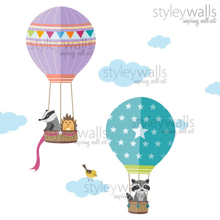 Air Balloons Wall Decal, Woodland Animals Wall Decal, Forest Animals Hot Air Balloons Wall Sticker, Baby Nursery Decor, Kids Room Wall Decal