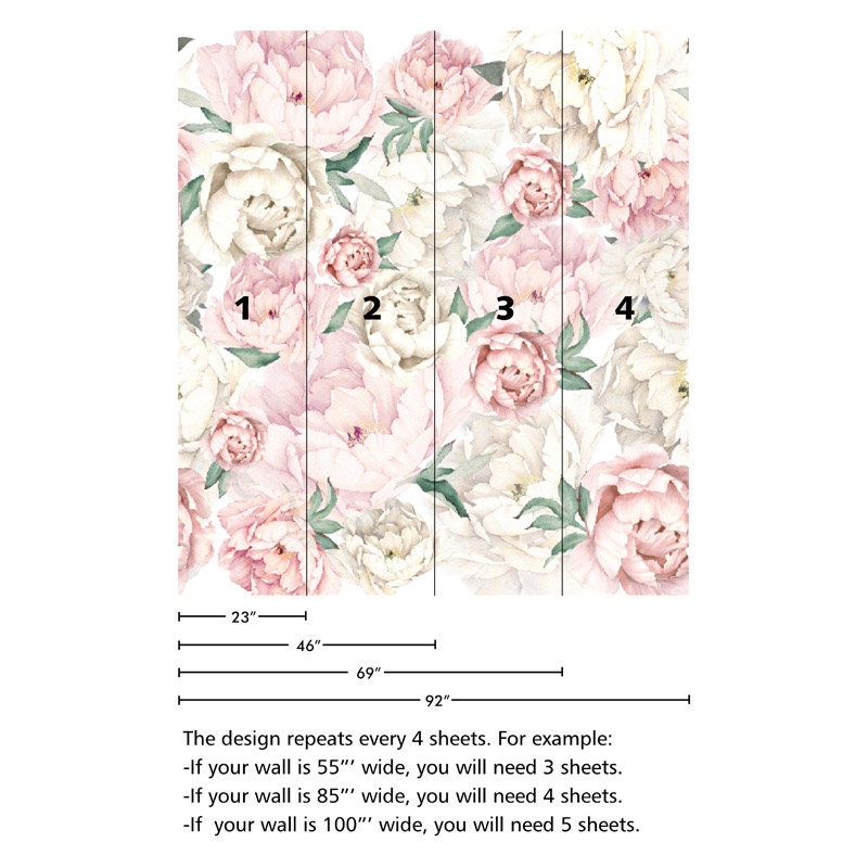 Papier peint pivoine, papier peint pivoines, papier peint de chambre d'enfant à fleurs aquarelles blanches et roses, tissu repositionnable à fleurs, papier peint à peler et à coller