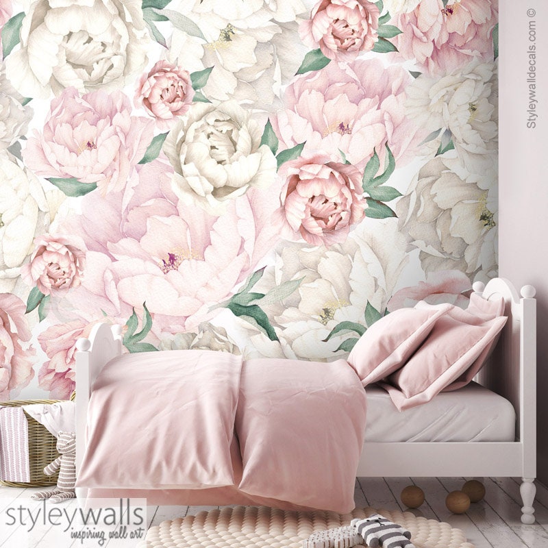 Papier peint pivoine, papier peint pivoines, papier peint de chambre d'enfant à fleurs aquarelles blanches et roses, tissu repositionnable à fleurs, papier peint à peler et à coller