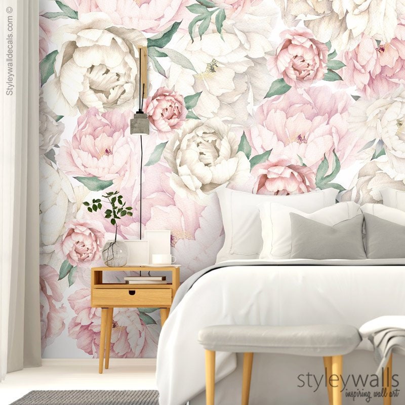 Papier peint pivoine, papier peint pivoines, papier peint de chambre d'enfant à fleurs aquarelles blanches et roses, tissu repositionnable à fleurs, papier peint à peler et à coller