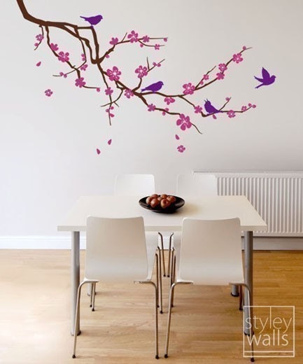 Cherry Blossom Branch and Birds Wall Decal, EXTRA LARGE Branch with Flowers Vinyl Wall Decal for Nursery Children Kids Room Decor