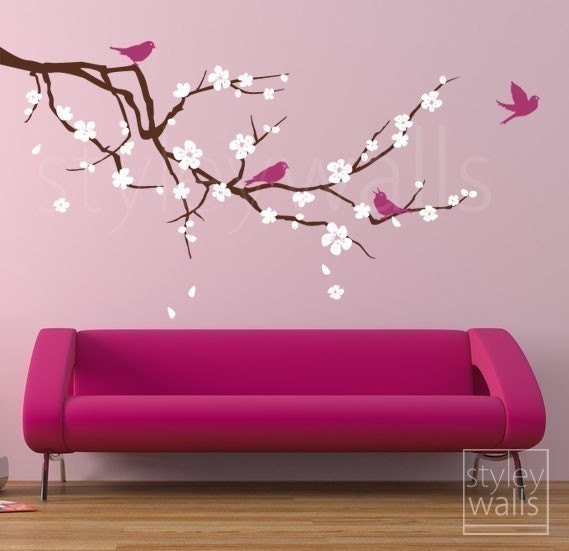 Sticker mural en vinyle avec branches de cerisier et oiseaux, très grande branche avec fleurs, pour chambre d'enfant ou de bébé