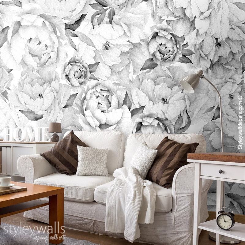 Pfingstrosen-Tapete, Pfingstrosen-Wandbild, Pfingstrosen-Blumentapete, Schwarz-Weiß-Aquarell-Blumen-Tapete, repositionierbarer Stoff