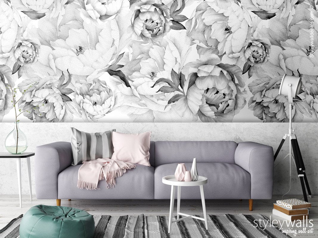 Pfingstrosen-Tapete, Pfingstrosen-Wandbild, Pfingstrosen-Blumentapete, Schwarz-Weiß-Aquarell-Blumen-Tapete, repositionierbarer Stoff