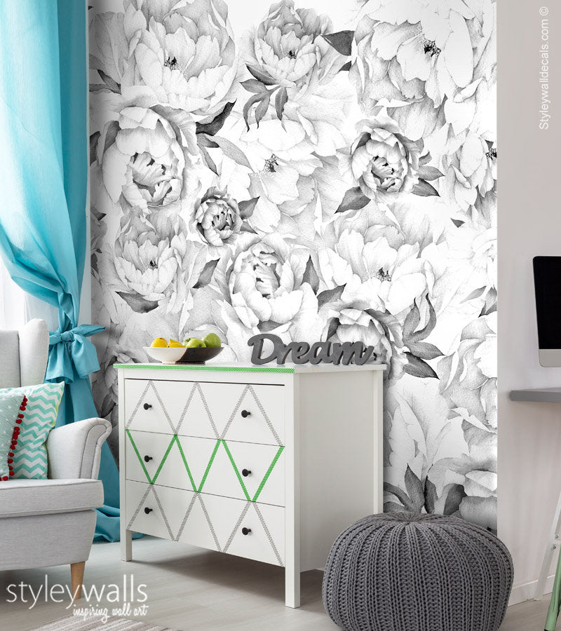 Pfingstrosen-Tapete, Pfingstrosen-Wandbild, Pfingstrosen-Blumentapete, Schwarz-Weiß-Aquarell-Blumen-Tapete, repositionierbarer Stoff