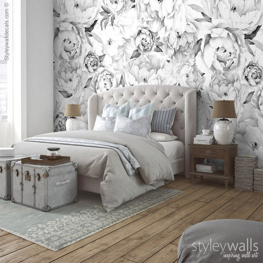 Peony Wallpaper, Peony Wall Mural, Peonies Floral Wallpaper, Black and White Watercolor Flowers Wallpaper, Repositionable Fabric