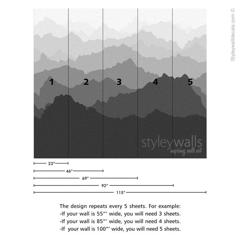 Mountains Wallpaper, Mountain View Mural Wallpaper, Black and White Repositionable Fabric Wallpaper, Peel and Stick Wallpaper Home Decor