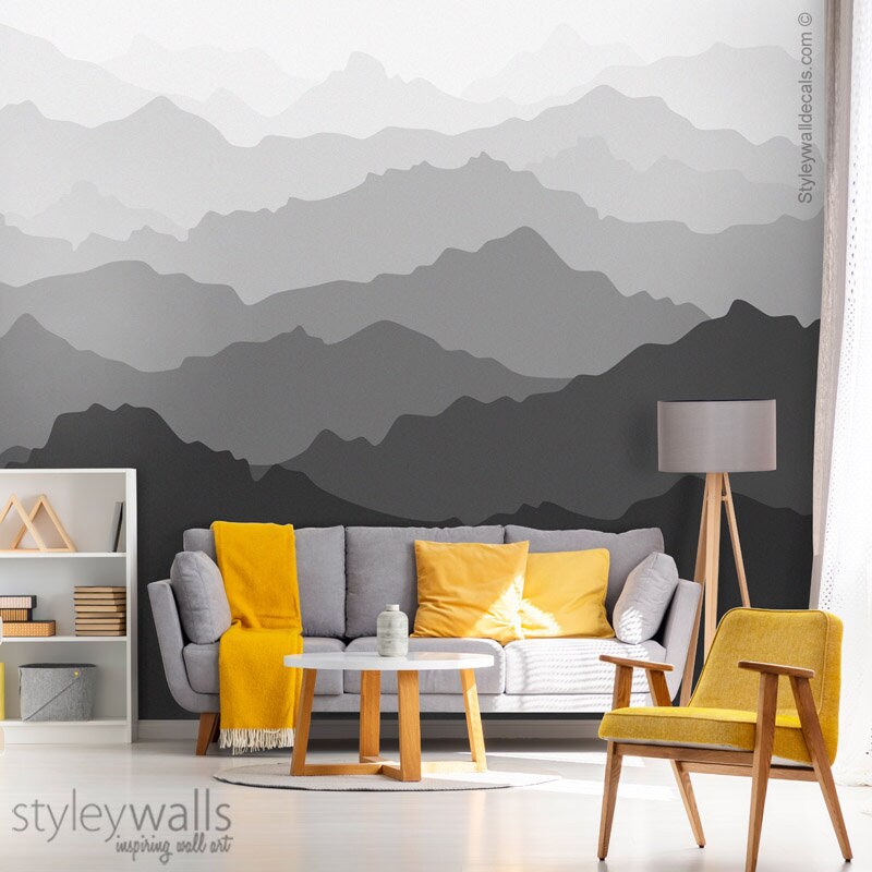 Mountains Wallpaper, Mountain View Mural Wallpaper, Black and White Repositionable Fabric Wallpaper, Peel and Stick Wallpaper Home Decor