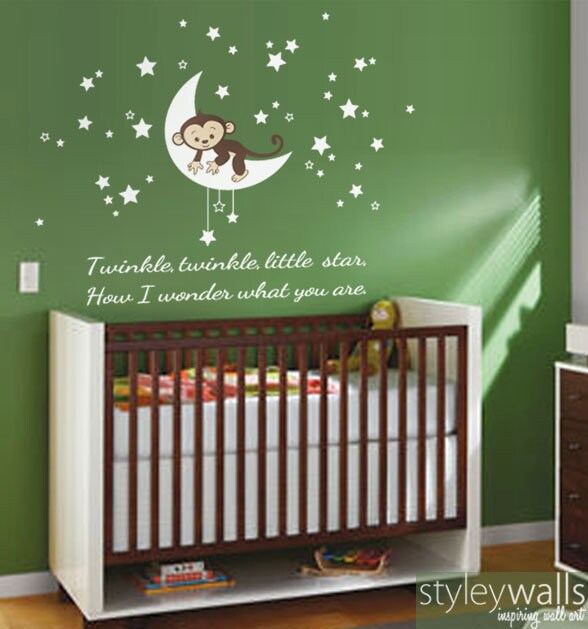 Moon Wall Decal, Monkey Wall Decal,Stars Wall Decal, Monkey Stars and Moon Wall Decal, Twinkle Twinkle Little Star Baby Wall Decal Sticker