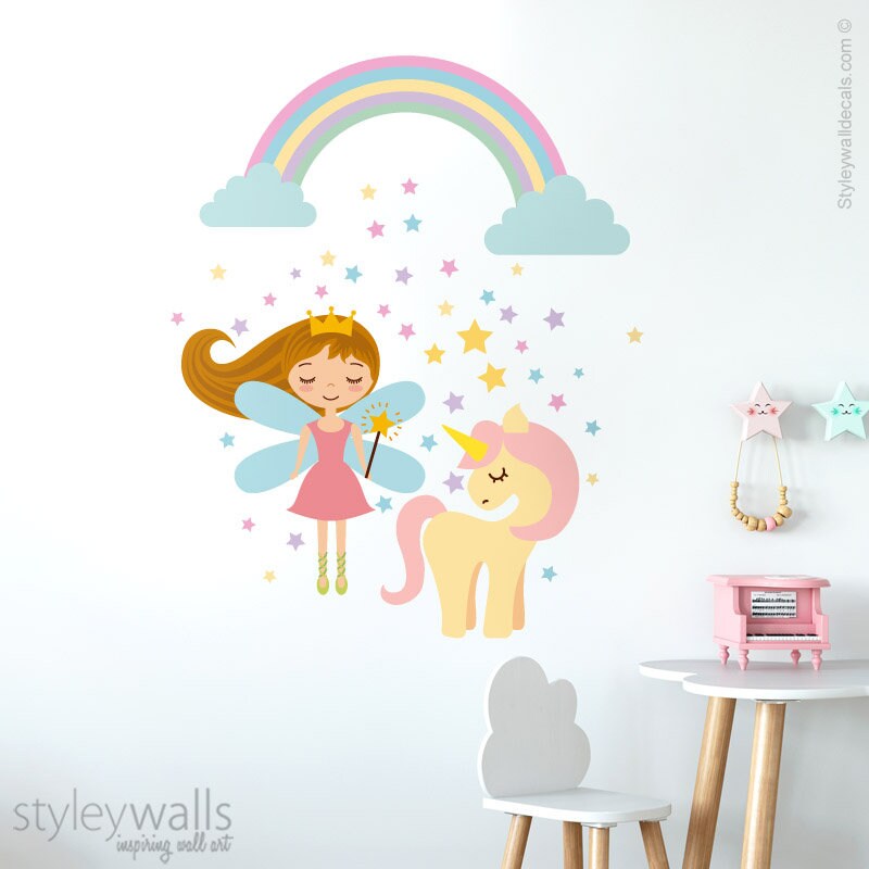 Fairy Wall Decal, Unicorn Wall Decal Sticker, Princess Fairy Wall Decal Decor, Rainbow Wall Decal, Stars Girls Nursery Room Decor Wall Art