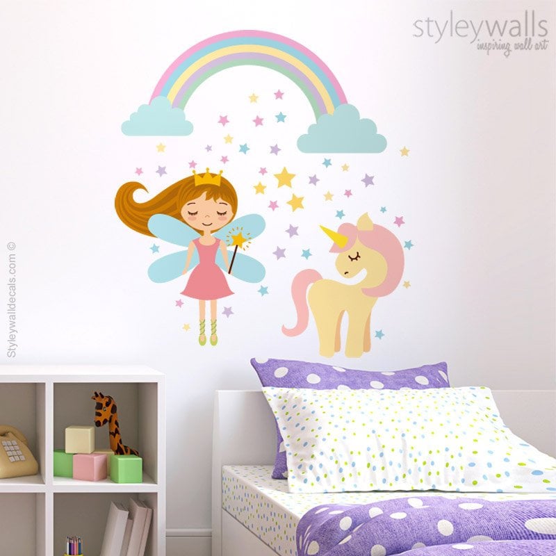 Fairy Wall Decal, Unicorn Wall Decal Sticker, Princess Fairy Wall Decal Decor, Rainbow Wall Decal, Stars Girls Nursery Room Decor Wall Art