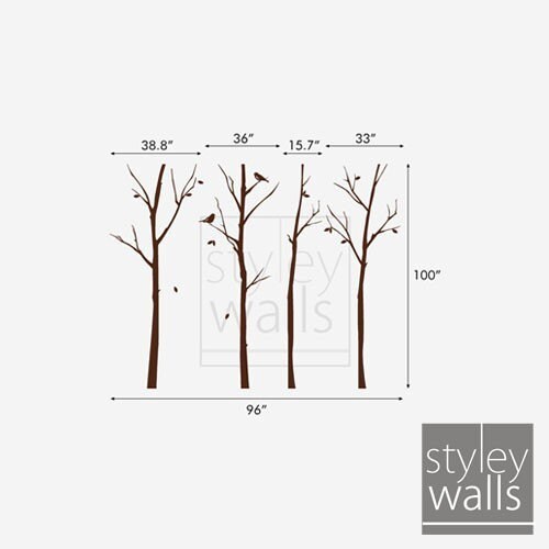 Forest Winter Trees and Birds Wall Decal, Thin Winter trees wall decal,  Forest Nature Home Decor,  Winter Trees for Baby Kids Room Decor