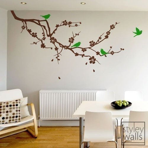 Cherry Blossom Branch and Birds Wall Decal, Cherry Tree Wall Decal, Cherry Branch with Flowers Wall Decal, Cherry Blossom Sticker Wall Decor