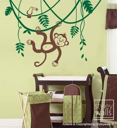 Autocollant mural singe et branche, autocollant mural singe de la jungle, singe de la jungle se balançant sur une vigne et autocollant mural mignon toucan pour chambre d'enfant