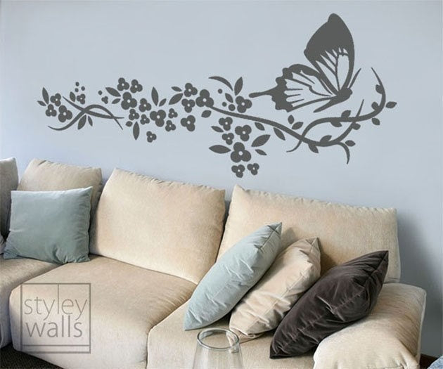 Autocollant mural papillon, autocollant mural papillons, autocollant mural branche papillon et fleurs pour décoration de chambre de bébé, autocollant mural papillon