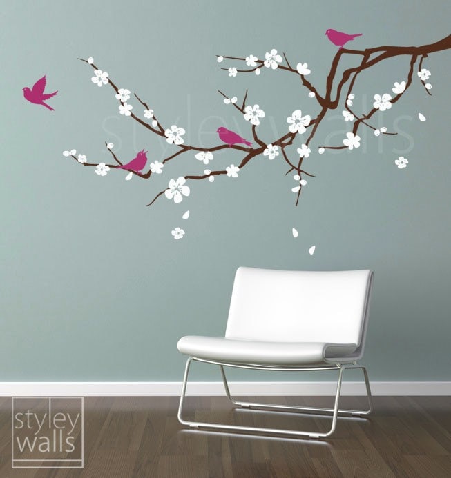 Cherry Blossom Branch Wall Decal, Blossoming Cherry Tree Branch Birds Wall Decal, Flowers Wall Decal Sticker for Children Nursery Kids Room