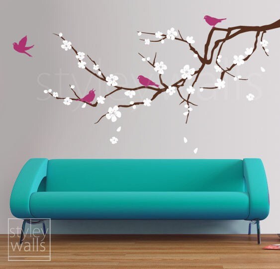 Cherry Blossom Branch Wall Decal, Blossoming Cherry Tree Branch Birds Wall Decal, Flowers Wall Decal Sticker for Children Nursery Kids Room