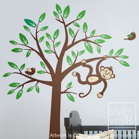 Monkey Tree Wall Decal 2 Monkeys swinging from Tree and Branch with Birds Wall Decal - Nursery Kids Room Decor Baby Sticker Vinyl Wall Decal