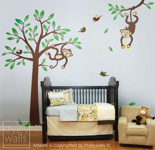 Monkey Tree Wall Decal 2 Monkeys swinging from Tree and Branch with Birds Wall Decal - Nursery Kids Room Decor Baby Sticker Vinyl Wall Decal