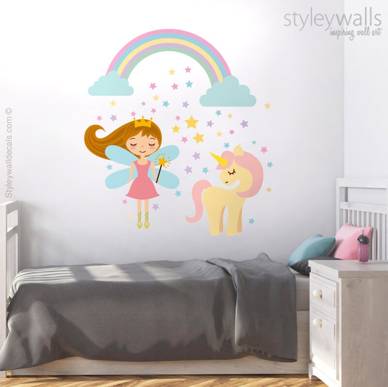 Fairy Wall Decal, Unicorn Wall Decal Sticker, Princess Fairy Wall Decal Decor, Rainbow Wall Decal, Stars Girls Nursery Room Decor Wall Art
