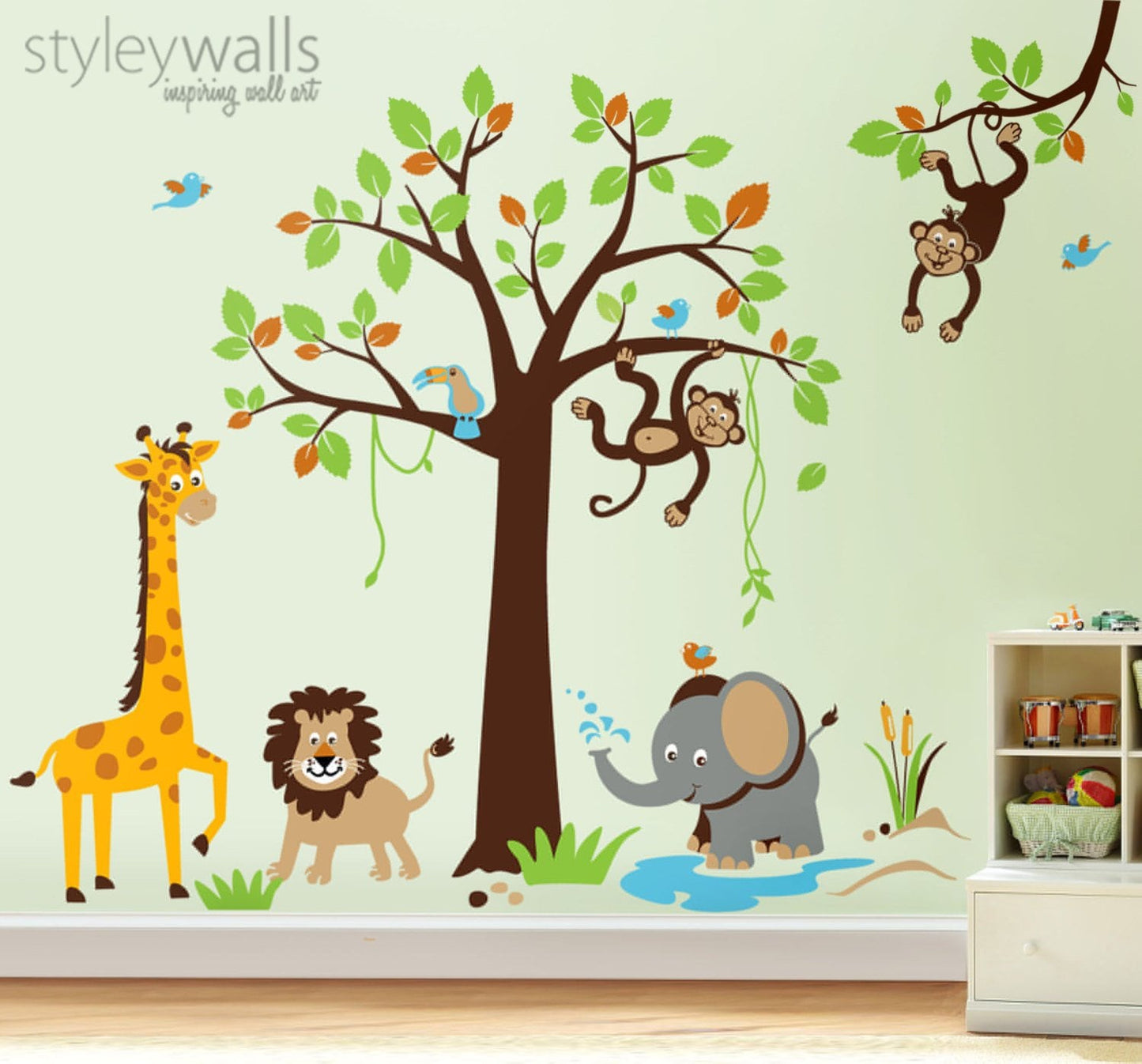 Safari Jungle Animals Wall Decal, Safari Tree Set Wall Decal Sticker, Nursery Kids Playroom Decor, Monkey Giraffe Elephant Lion Wall Decal