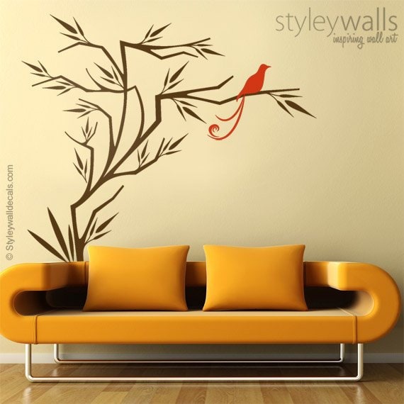 Branch and Birds Wall Decal, Branch Wall Sticker, Bird on Branch Japanese Style Wall Decal for Home Living Room Decor