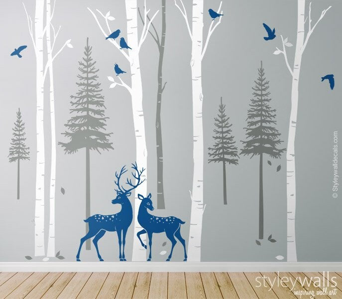 Birch Trees Fir Trees Pine Trees with Deers Wall Decal, Forest Trees Wall Decal, Winter Trees Wall Decal for Living Room Decor, Pine Trees