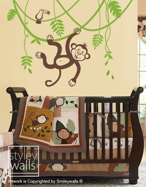 Autocollant mural singe et branche, autocollant mural singe de la jungle, singe de la jungle se balançant sur une vigne et autocollant mural mignon toucan pour chambre d'enfant