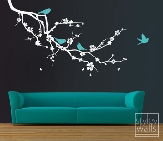 Cherry Blossom Branch and Birds Wall Decal, Cherry Tree Wall Decal, Cherry Branch with Flowers Wall Decal, Cherry Blossom Sticker Wall Decor