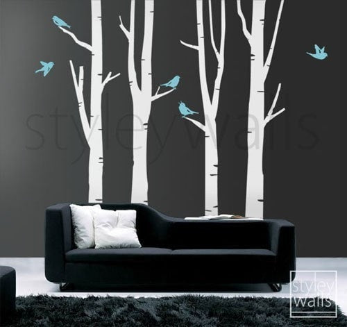 Autocollant mural bouleaux, autocollants muraux arbres d'hiver, oiseaux, cadeau oiseaux, autocollant mural en vinyle, décoration murale, autocollants muraux d'arbres, décoration de chambre d'enfant