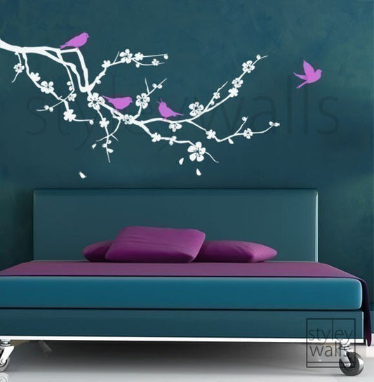 Cherry Blossom Branch Wall Decal, Cherry Branch Wall Decal Sticker, Cherry Blossom Tree with Birds Wall Decal for Nursery Babyroom Decor