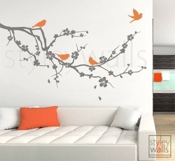 Cherry Blossom Branch Wall Decal, Cherry Branch Wall Decal Sticker, Cherry Blossom Tree with Birds Wall Decal for Nursery Babyroom Decor