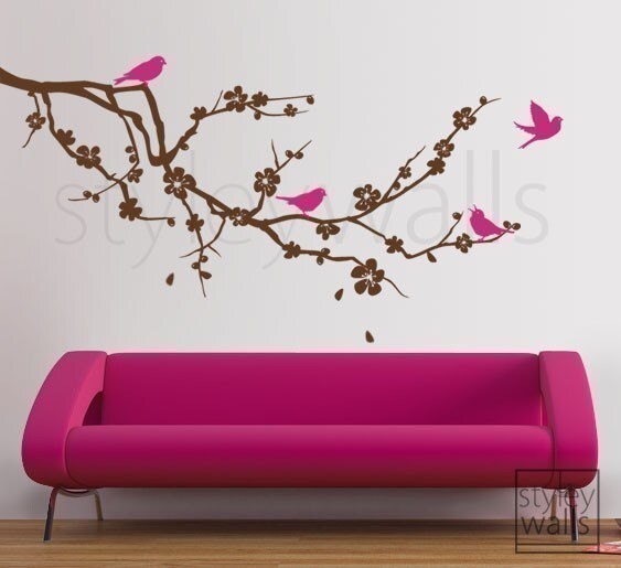 Cherry Blossom Branch Wall Decal, Cherry Branch Wall Decal Sticker, Cherry Blossom Tree with Birds Wall Decal for Nursery Babyroom Decor