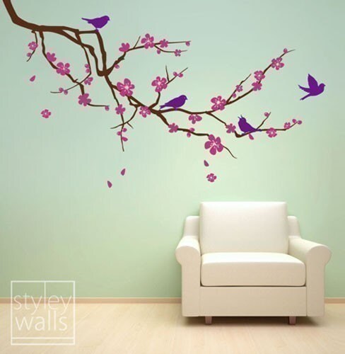 Cherry Blossom Branch and Birds Wall Decal,  Cherry Branch Wall Decal Sticker, Cherry BlossomTree Wall Decal for Nursery Home Decor