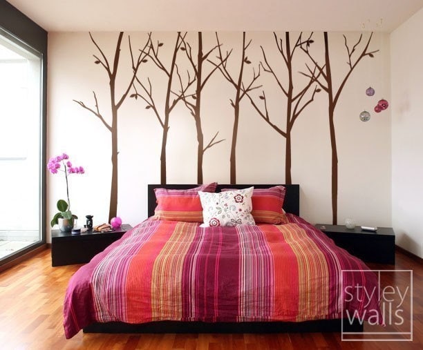 Thin Birch Trees Wall Decal, Forest Trees and Birds Wall Decal, Winter Trees with Birds Home Decor,  Nursery Baby Room Wall Decal