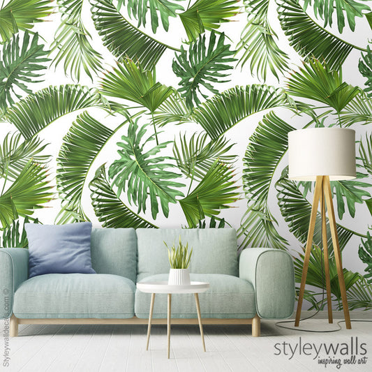 Tropical Leaves Wallpaper, Green Palm Leaves Wallpaper, Leaf Pattern Wallpaper, Botanical Pattern Repositionable Fabric Wallpaper