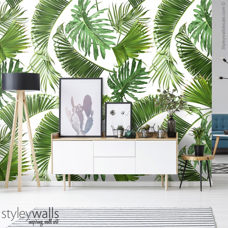 Tropical Leaves Wallpaper, Green Palm Leaves Wallpaper, Leaf Pattern Wallpaper, Botanical Pattern Repositionable Fabric Wallpaper