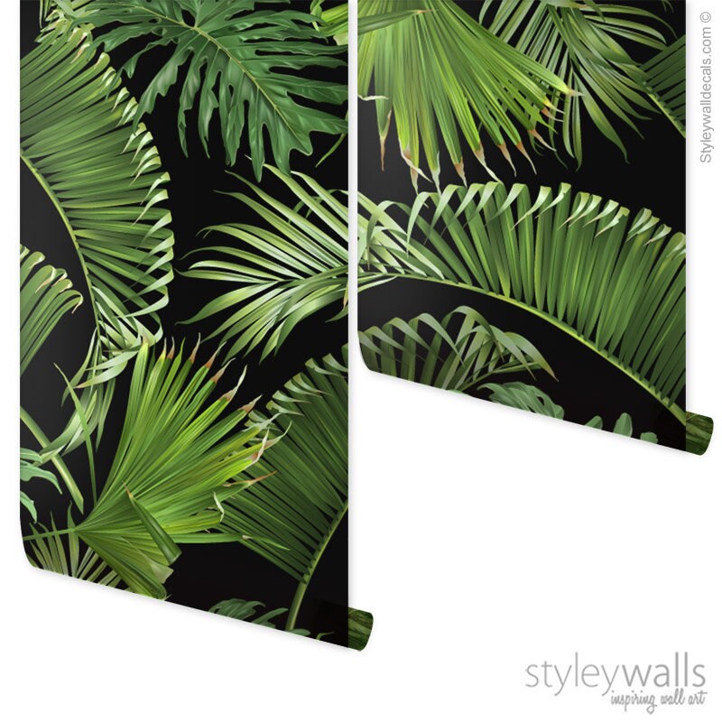 Tropical Leaves Wallpaper, Botanical Tropic Leaves Wallpaper, Green Leaves Mural, Leaf Pattern Wallpaper, Repositionable Fabric Wallpaper