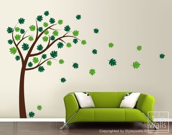 Autocollant mural arbre avec feuilles, arbre d'automne avec feuilles soufflant dans le vent, autocollant mural en vinyle, autocollant mural arbre pour décoration de maison, bureau, chambre à coucher