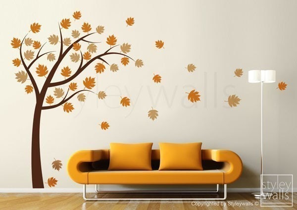 Tree with Leaves Wall Decal, Autumn Tree with Leaves Blowing in the Wind Vinyl Wall Decal, Tree Wall Sticker for Home Office Bedroom Decor