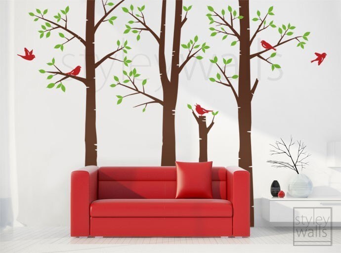 Birch Trees Wall Decal, Forest Trees Wall Decal, Winter Trees and Birds Wall Decal, Living Room Wall Decal, Trees Wall Decal for Home Decor